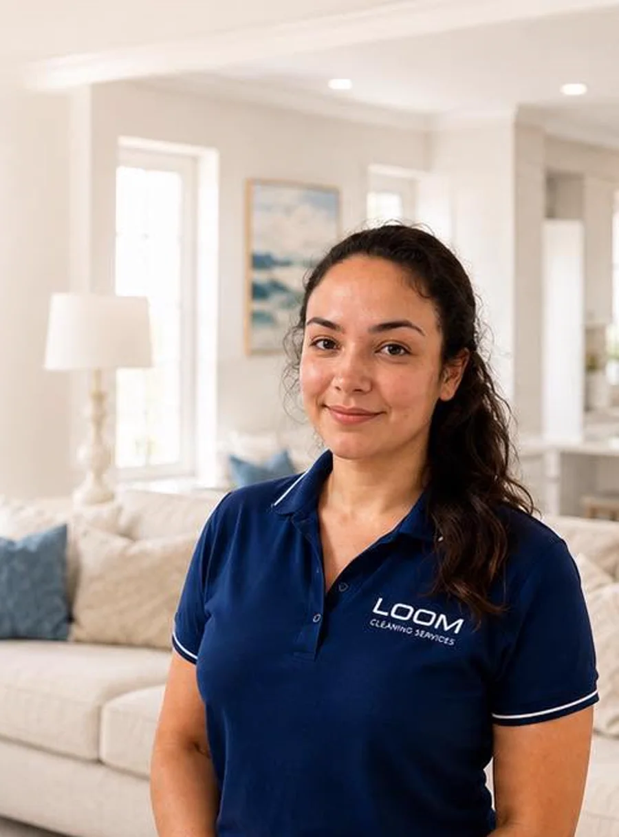 Gabriele, the professional behind Loom Cleaning Services, in the navy Loom polo